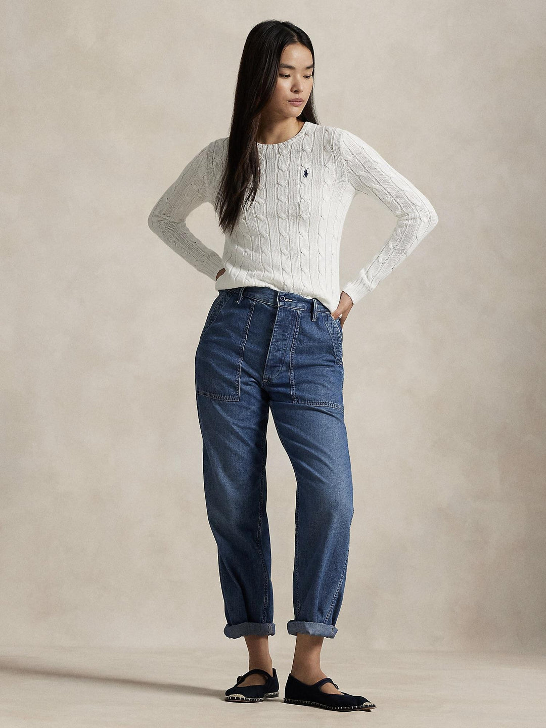 Cable knit cotton crewneck