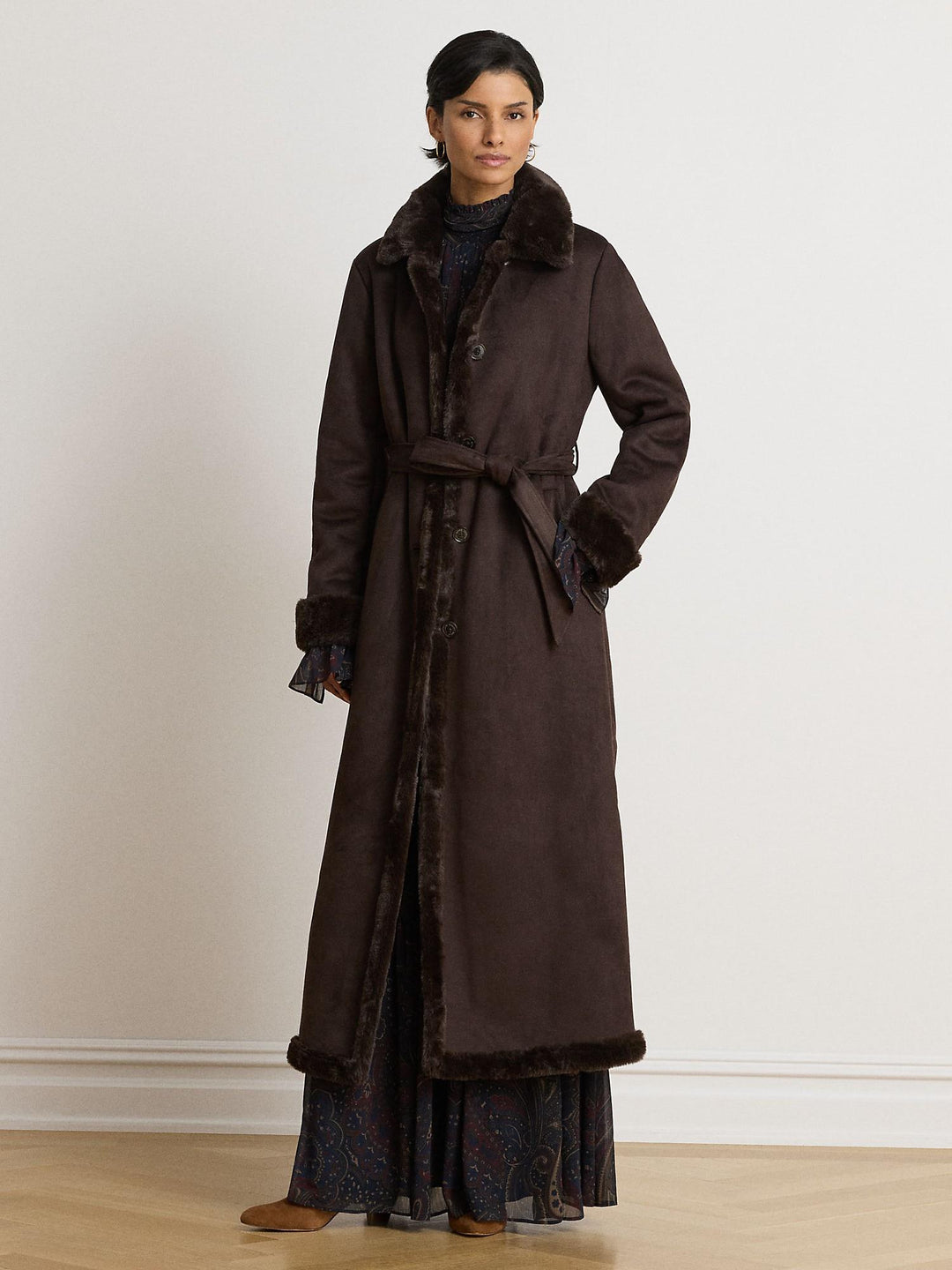 Faux-Shearling Belted Maxi Coat