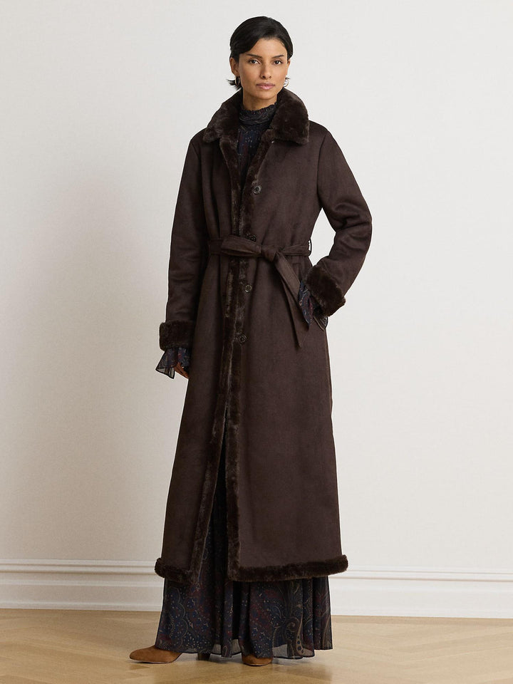 Faux-Shearling Belted Maxi Coat