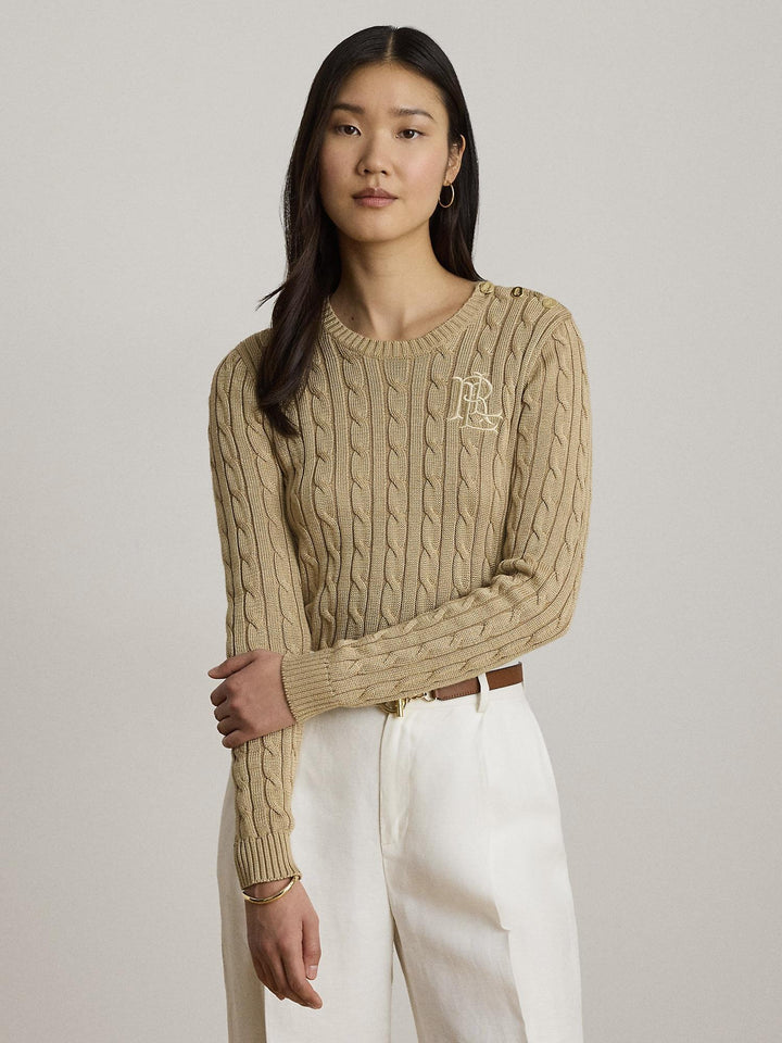 Button trim cable knit sweater