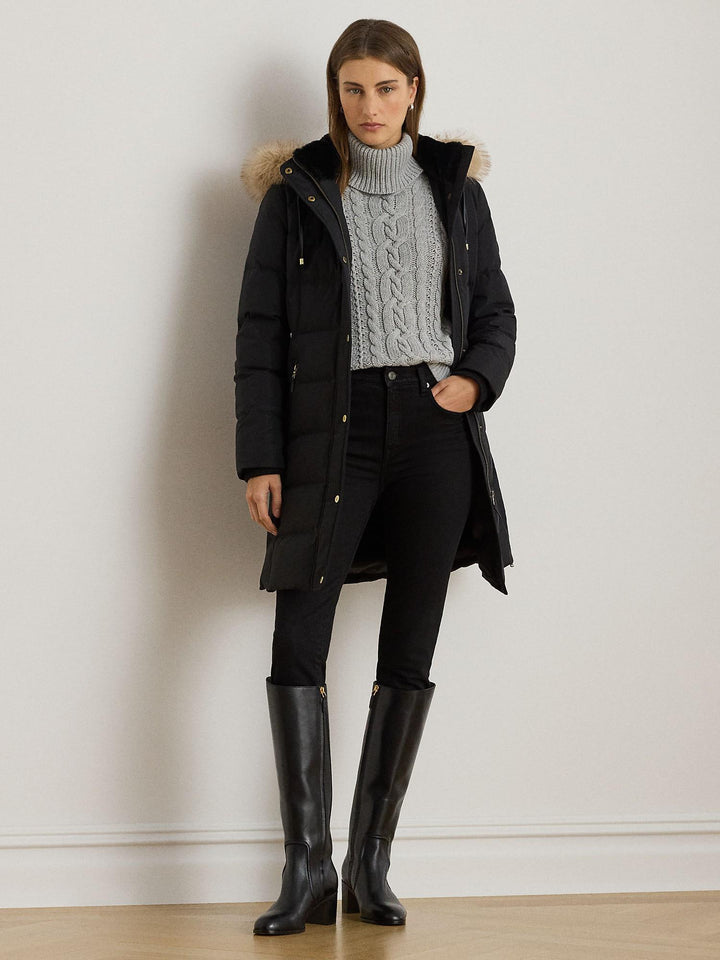 Faux trim hooded down coat