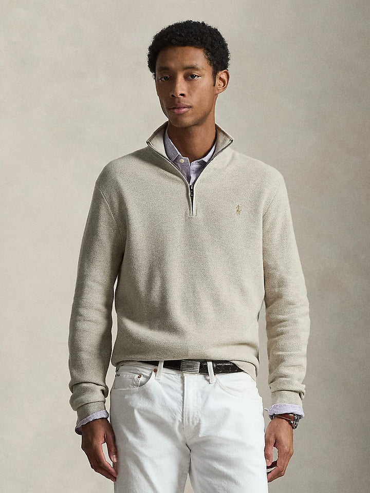 MESH KNIT COTTON QUARTER ZIP SWEATER