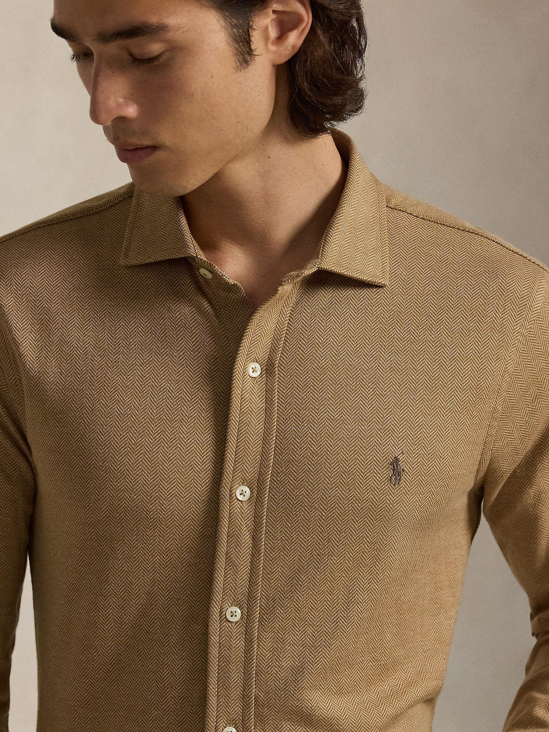 Herringbone jersey spread-collar shirt