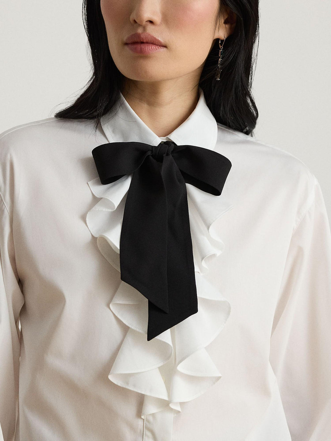 Ruffle Trim Broadcloth Tie Neck Shirt