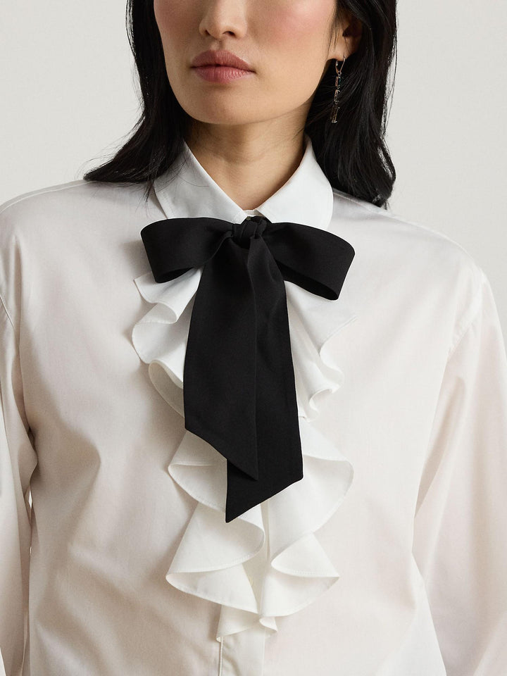 Ruffle Trim Broadcloth Tie Neck Shirt