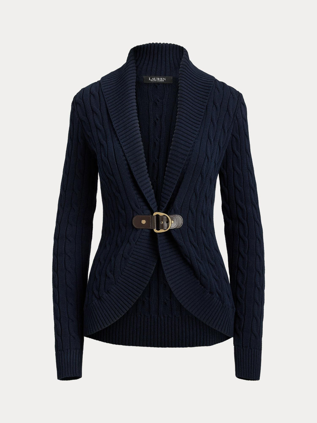 BUCKLE-TRIM CABLE SHAWL-COLLAR CARDIGAN