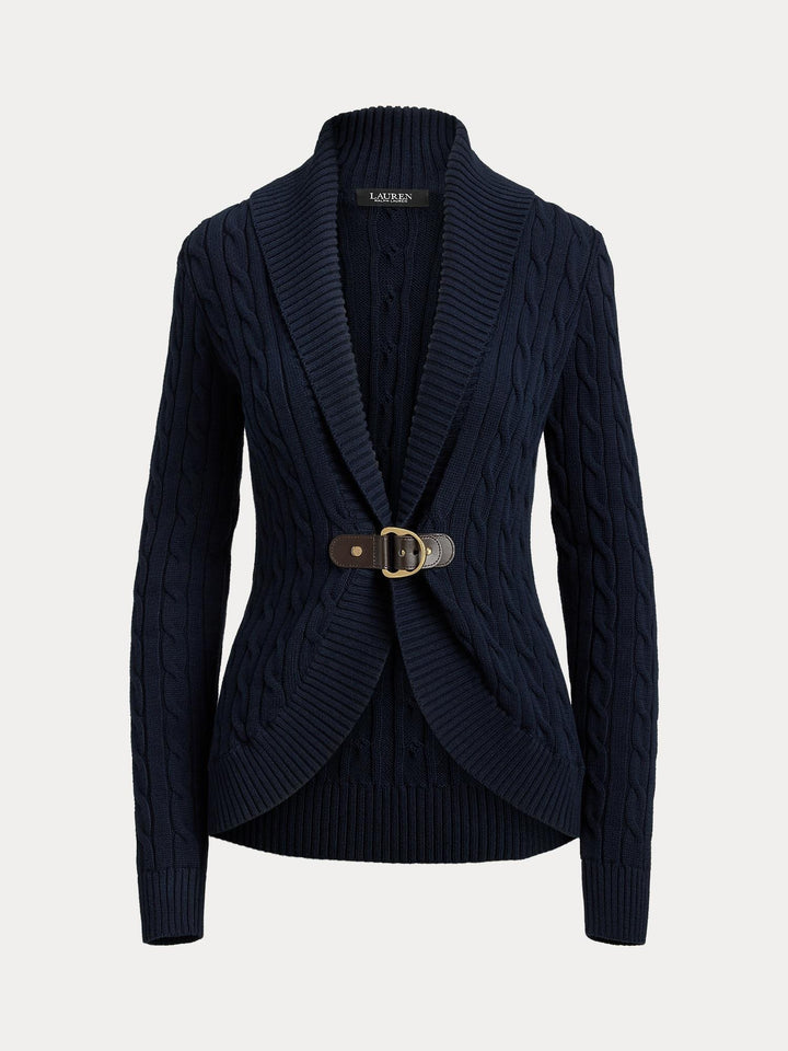 BUCKLE-TRIM CABLE SHAWL-COLLAR CARDIGAN
