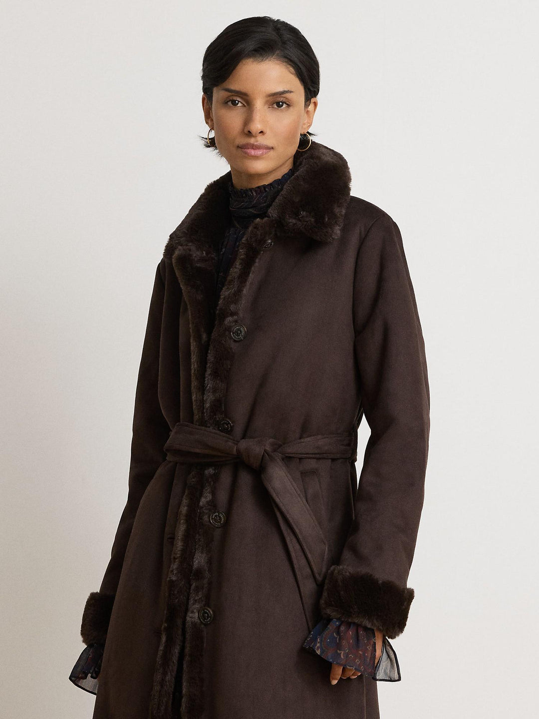 Faux-Shearling Belted Maxi Coat