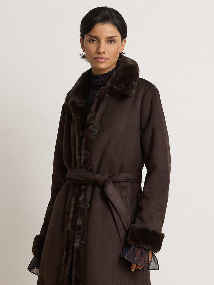 Faux-Shearling Belted Maxi Coat