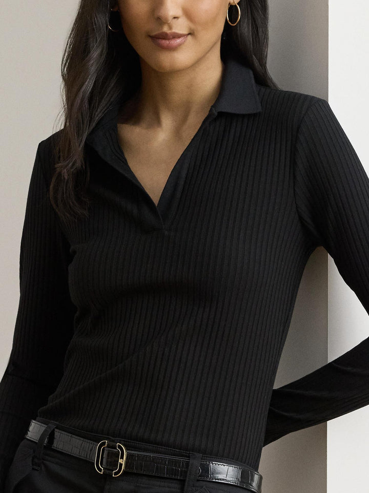 Rib-Knit Long Sleeve Polo Topp