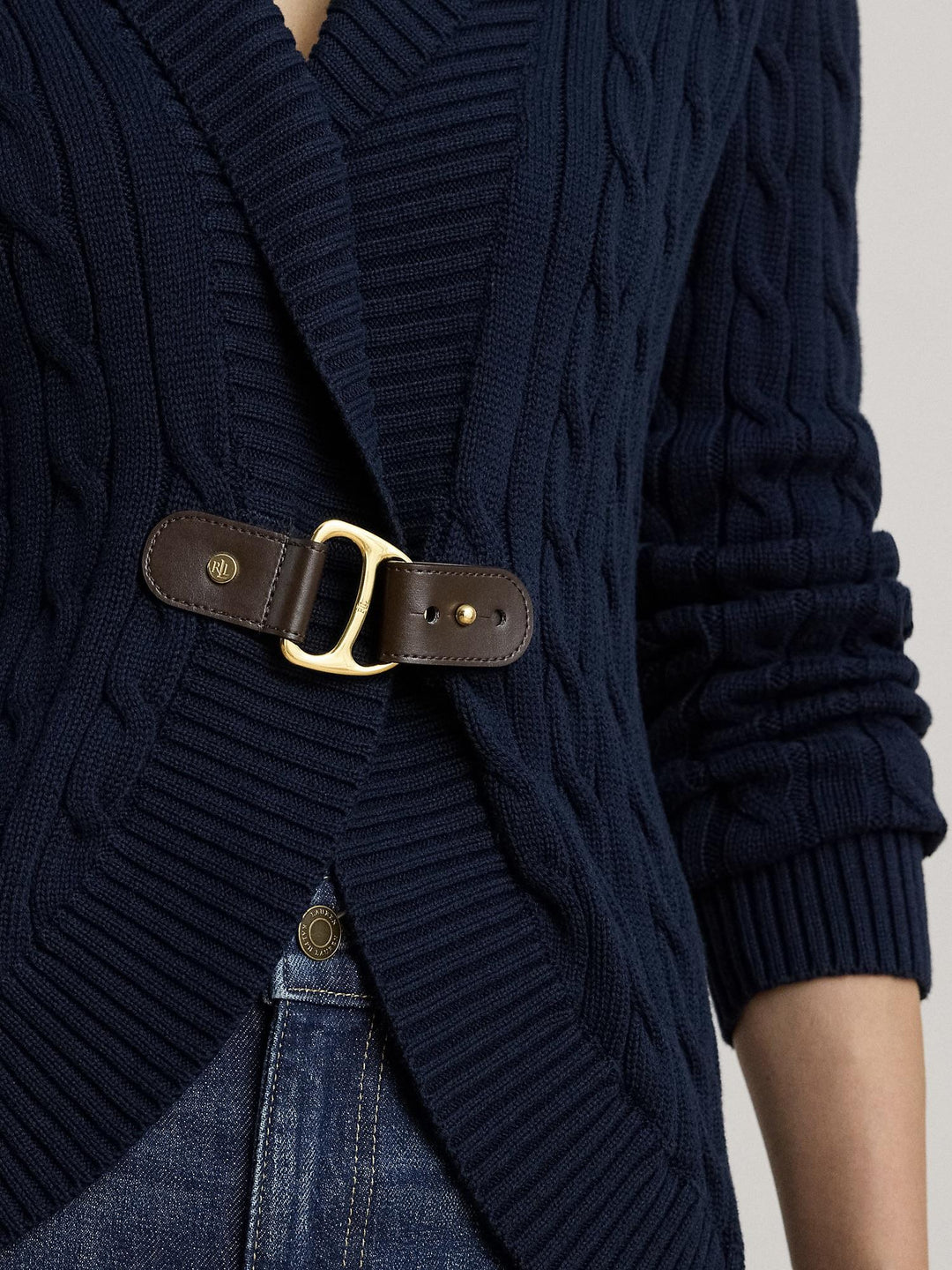 BUCKLE-TRIM CABLE SHAWL-COLLAR CARDIGAN