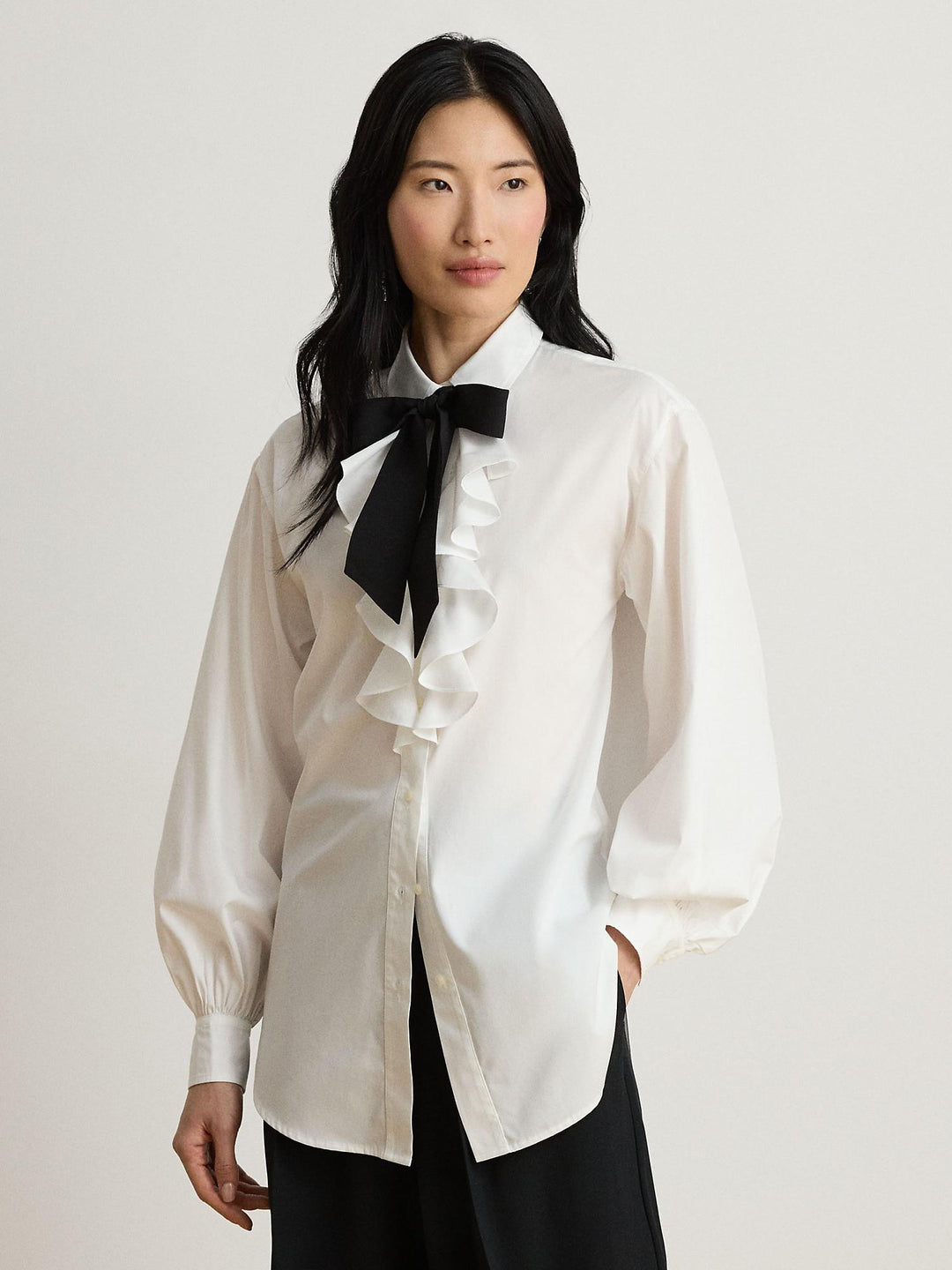 Ruffle Trim Broadcloth Tie Neck Shirt