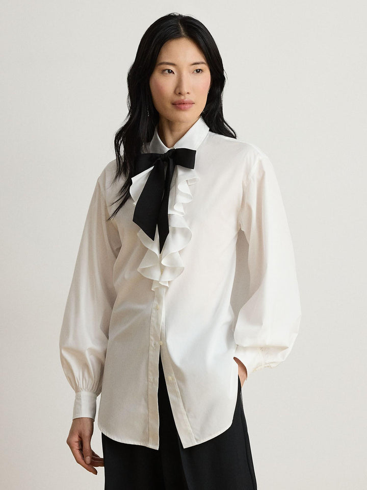 Ruffle Trim Broadcloth Tie Neck Shirt