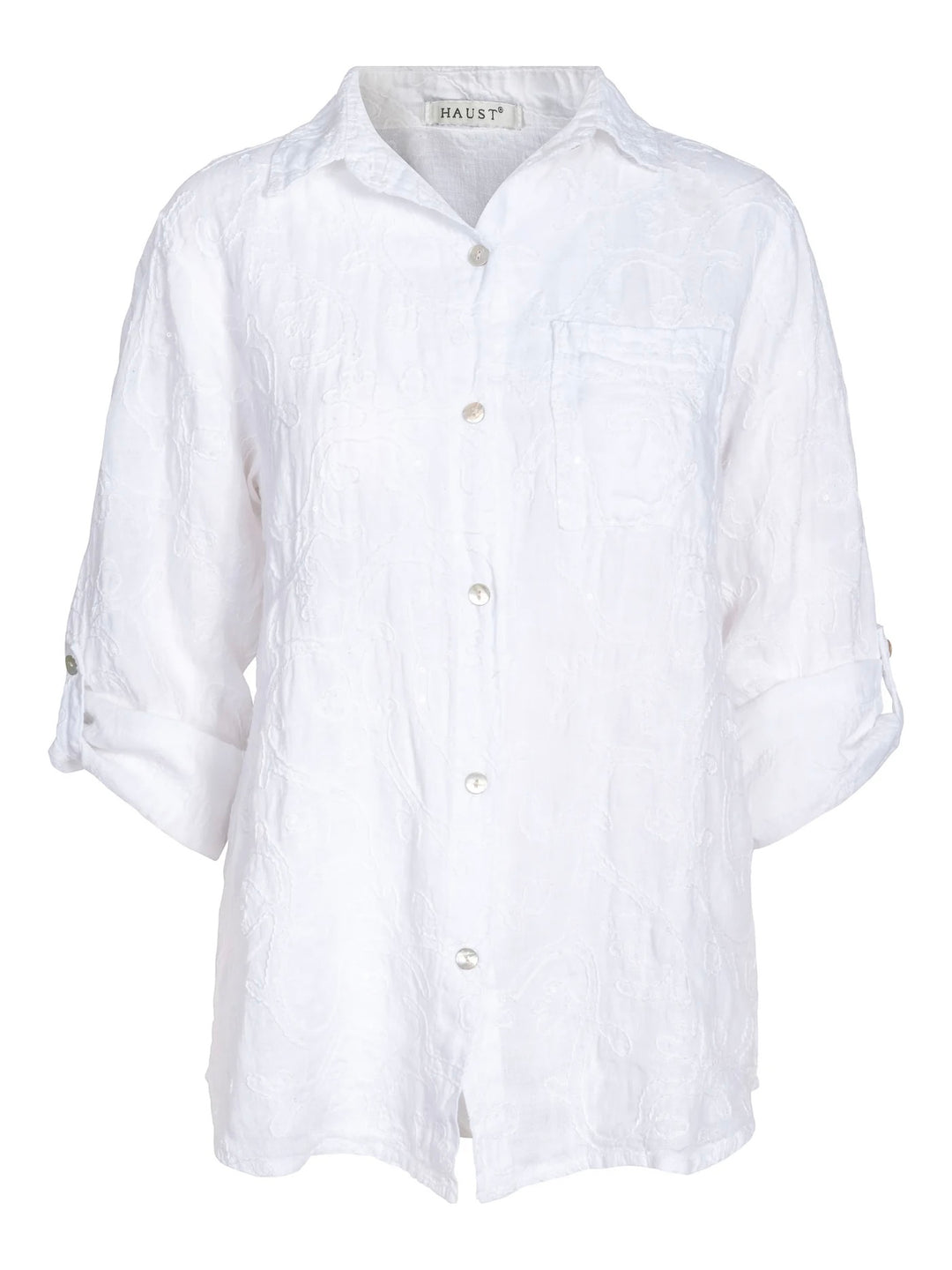 Embr/seq linen shirt