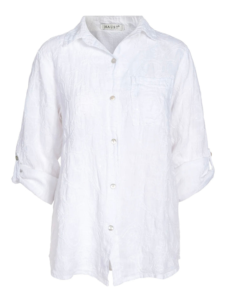 Embr/seq linen shirt