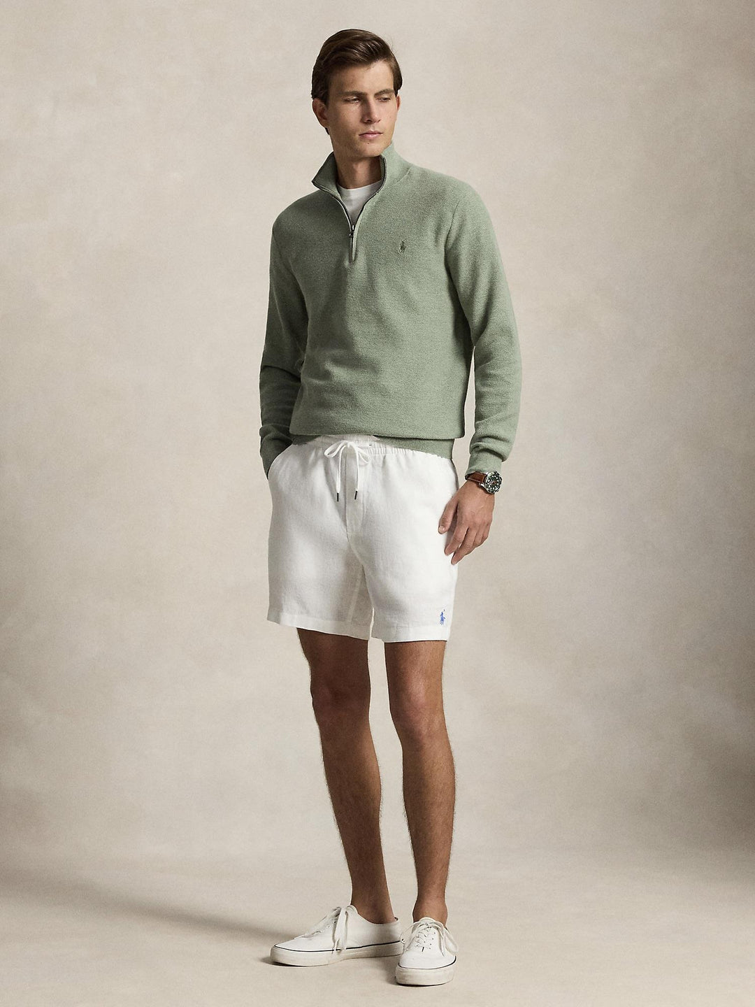 MESH KNIT COTTON QUARTER ZIP SWEATER