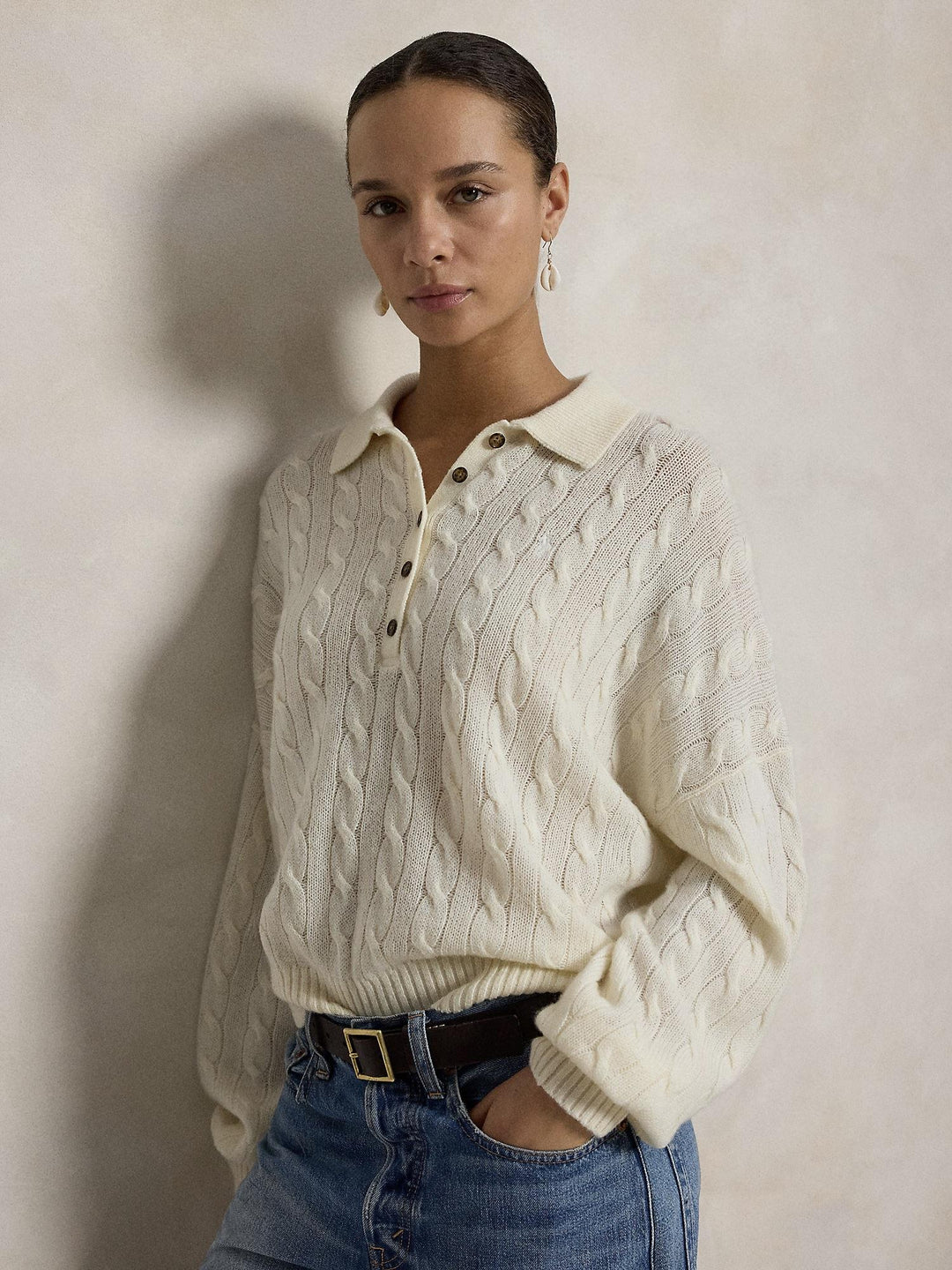 Cable wool Cashmere Polo Collar