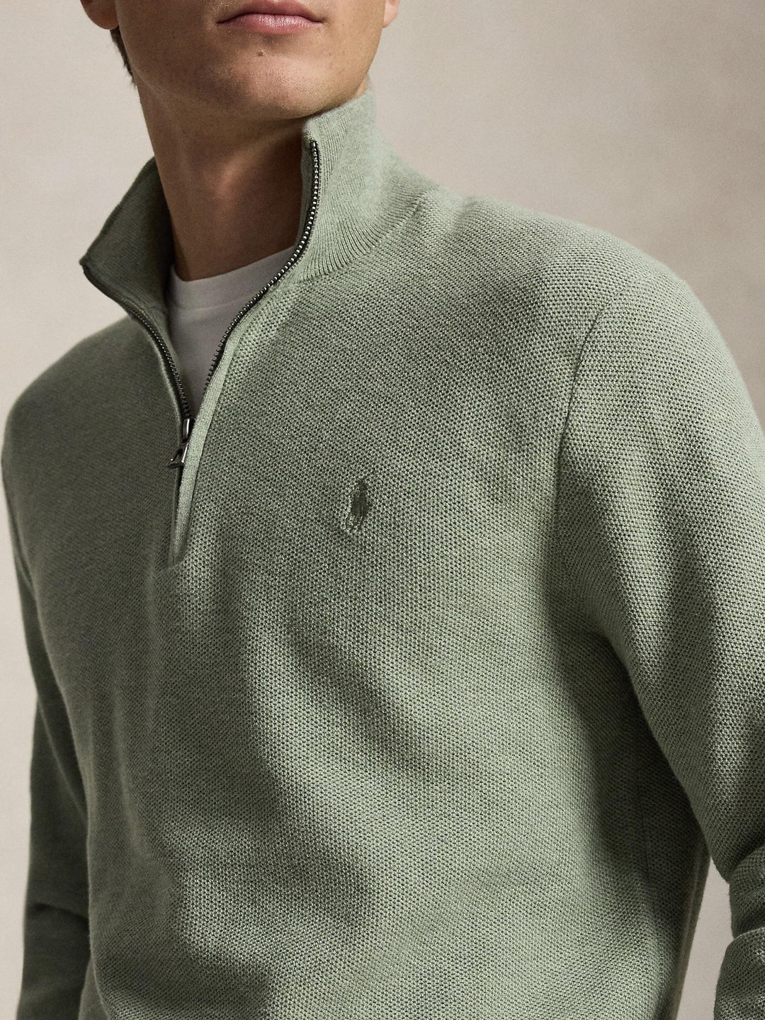 MESH KNIT COTTON QUARTER ZIP SWEATER
