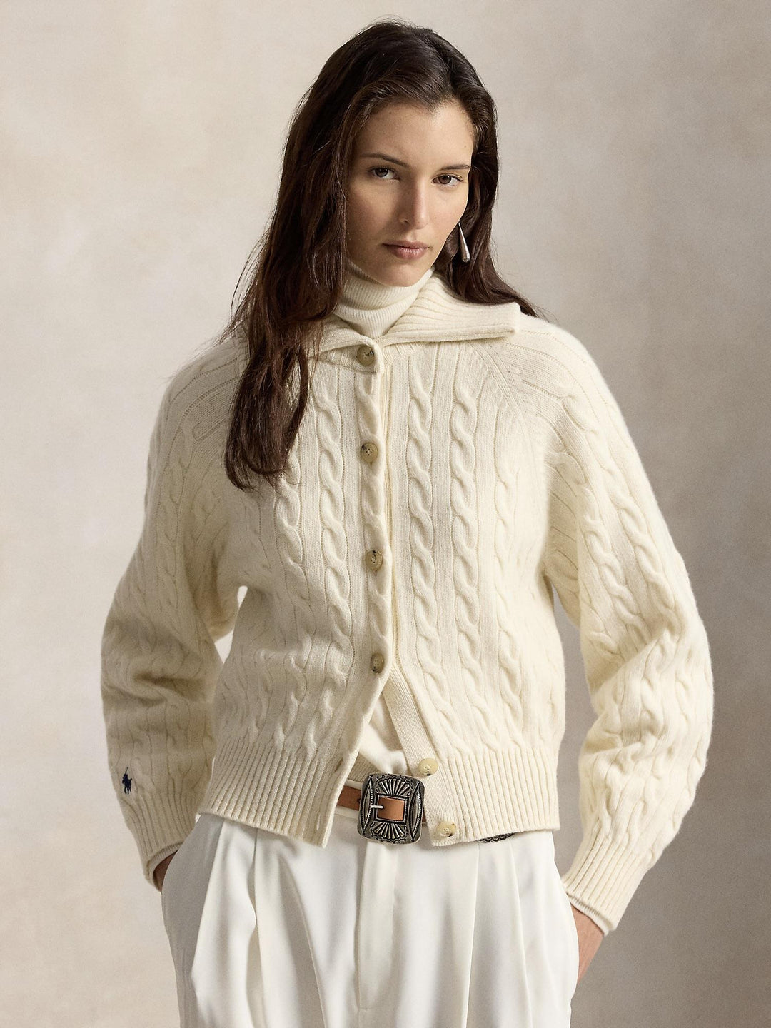 Cable Wool Cashmere Collared Cardigan
