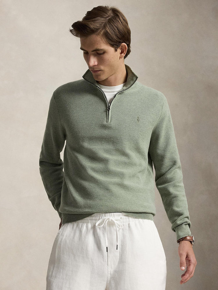 MESH KNIT COTTON QUARTER ZIP SWEATER