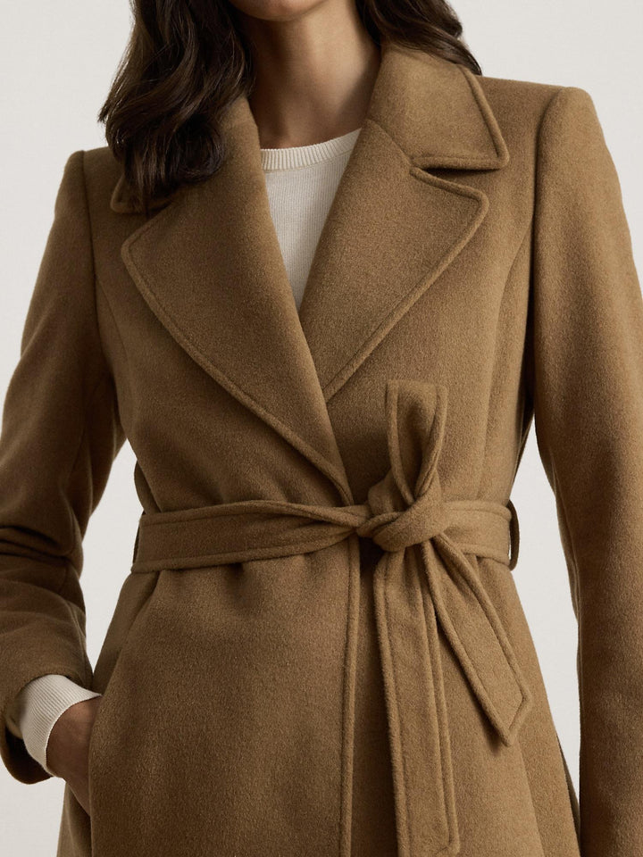 Belted wool blend wrap coat
