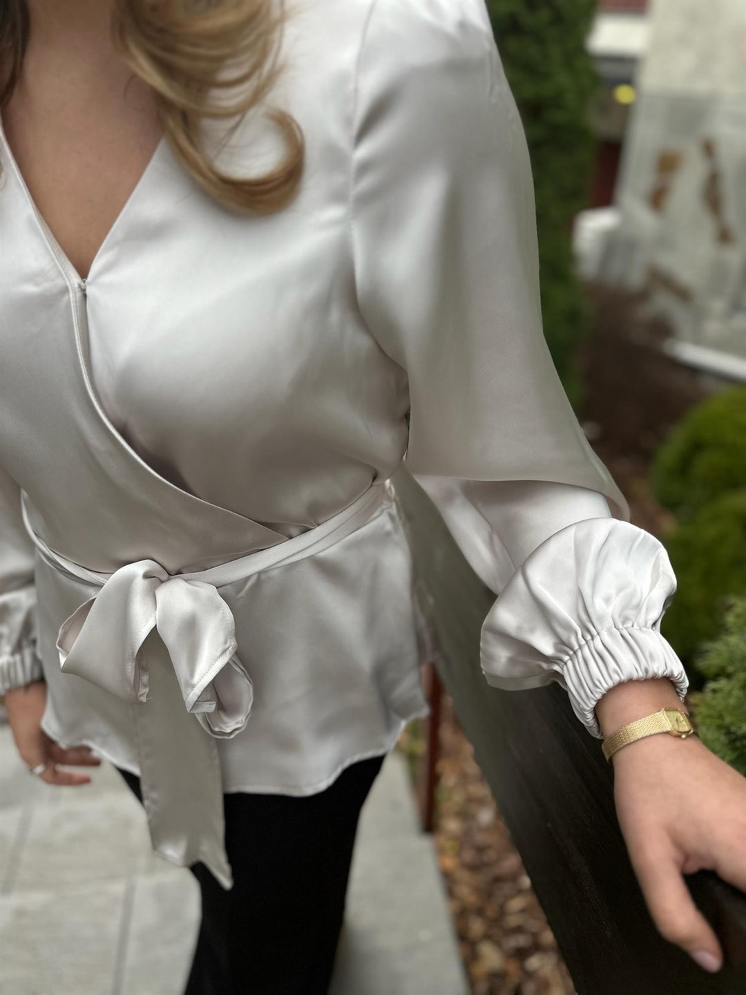 Satin belt blouse