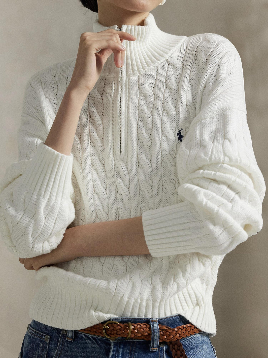 CABLE-KNIT COTTON QUARTER-ZIP SWEATER