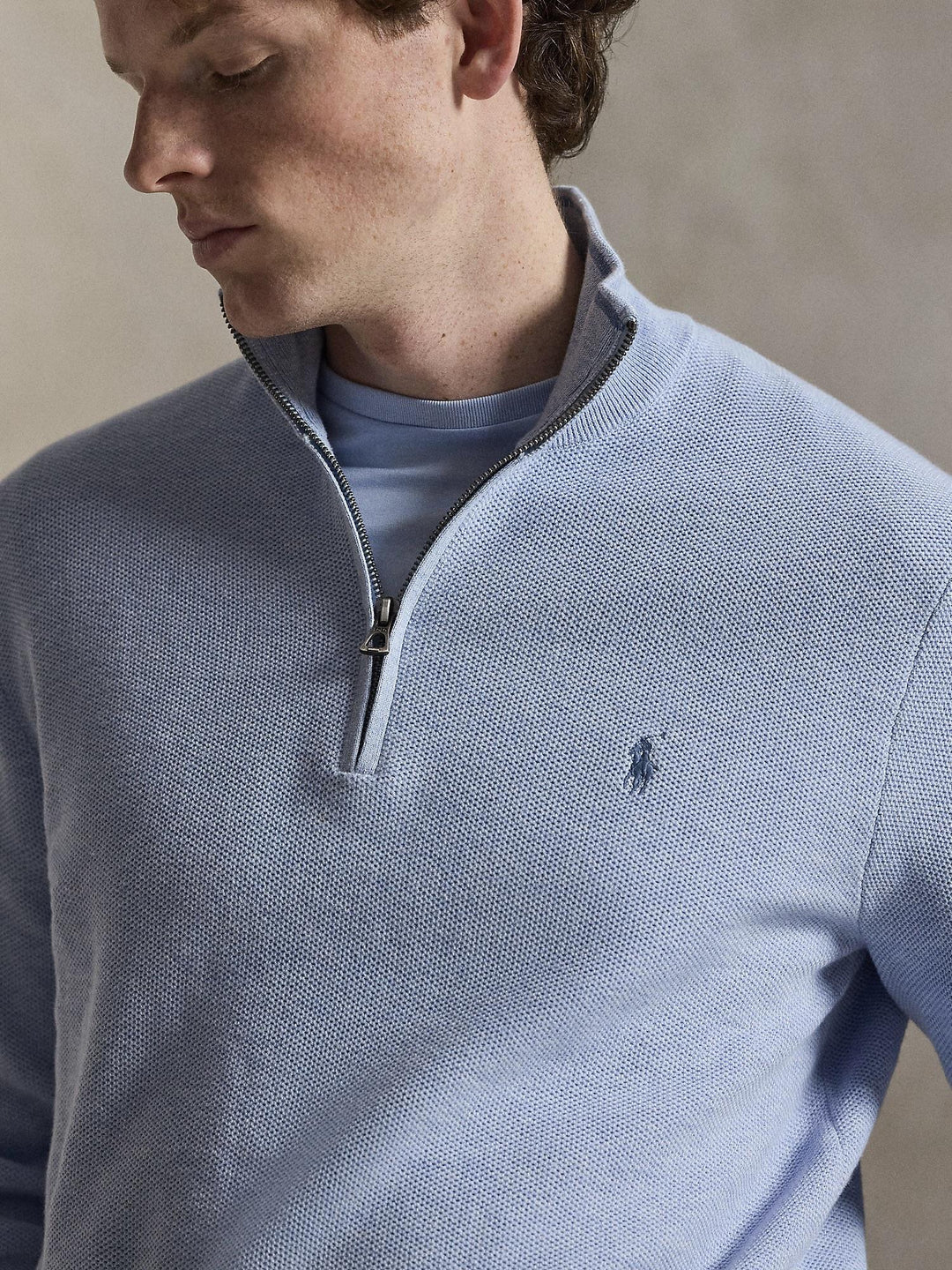 MESH KNIT COTTON QUARTER ZIP SWEATER