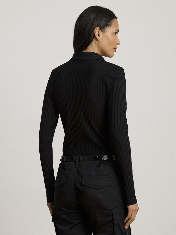 Rib-Knit Long Sleeve Polo Topp