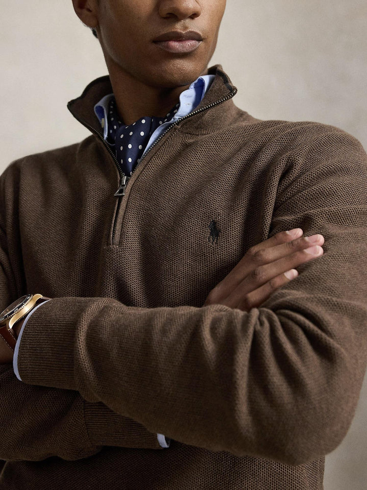 MESH KNIT COTTON QUARTER ZIP SWEATER