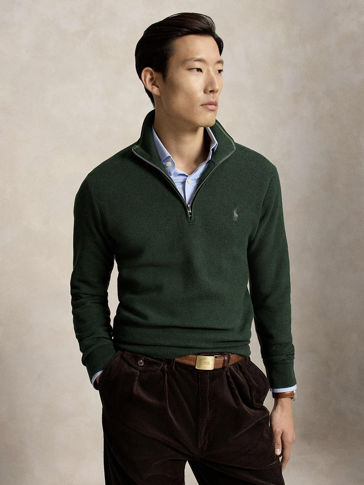 Mesh-Knit Cotton Quarter Zip Sweater