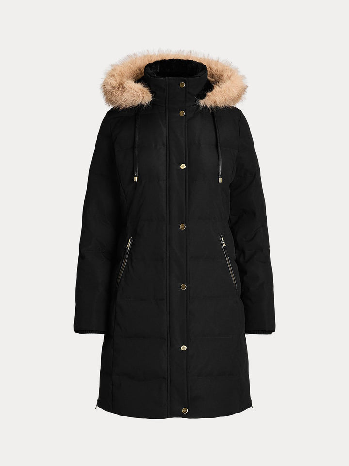 Faux trim hooded down coat
