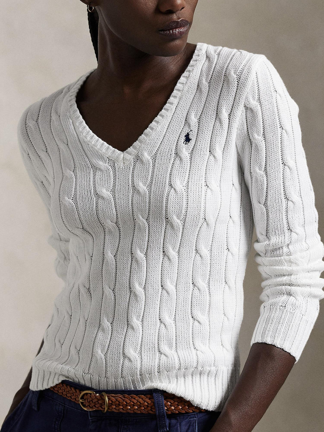 Cable knit cotton v-neck