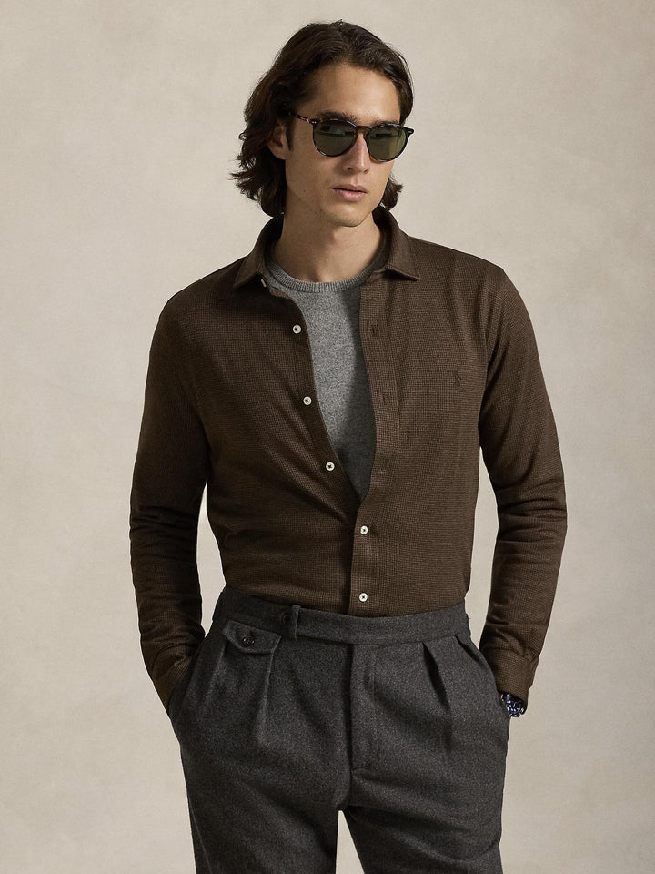 Houndstooth Jersey Spread-Collar Shirt