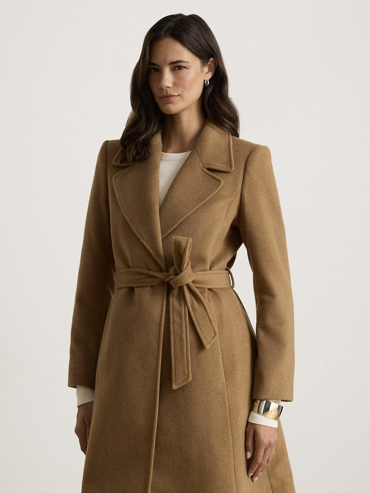 Belted wool blend wrap coat