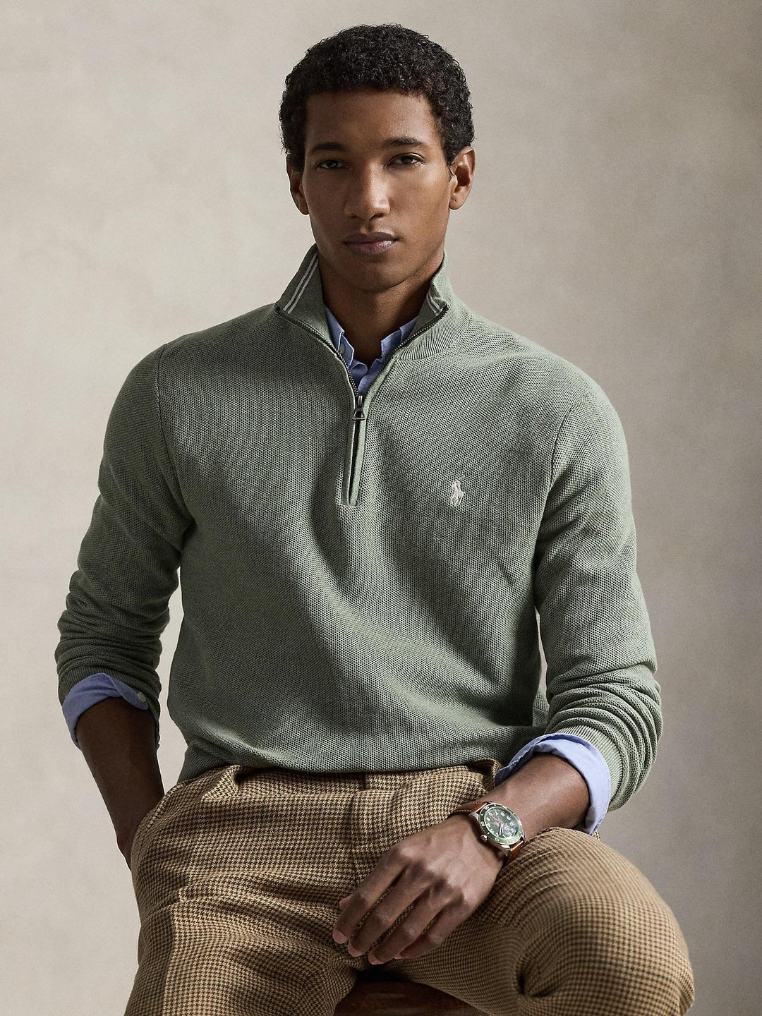 Mesh-Knit Cotton Quarter Zip Sweater