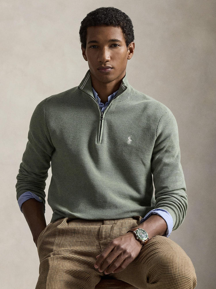 Mesh-Knit Cotton Quarter Zip Sweater