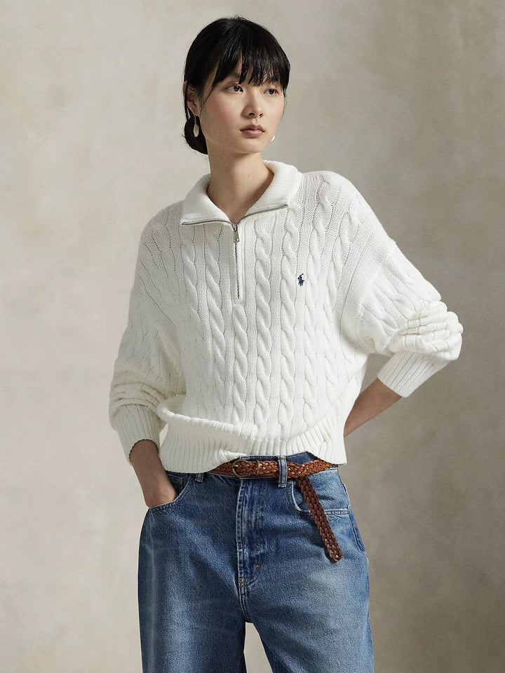 CABLE-KNIT COTTON QUARTER-ZIP SWEATER