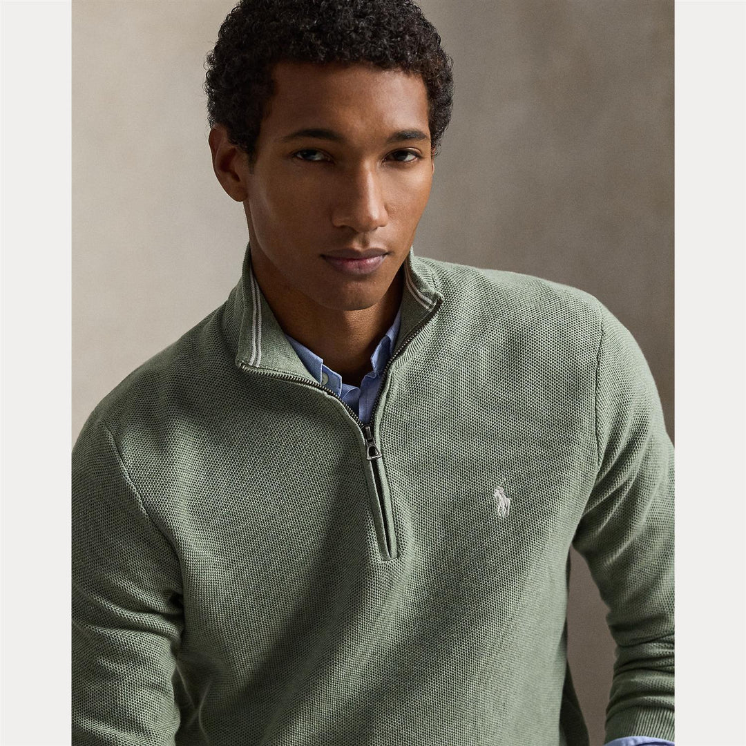 Mesh-Knit Cotton Quarter Zip Sweater