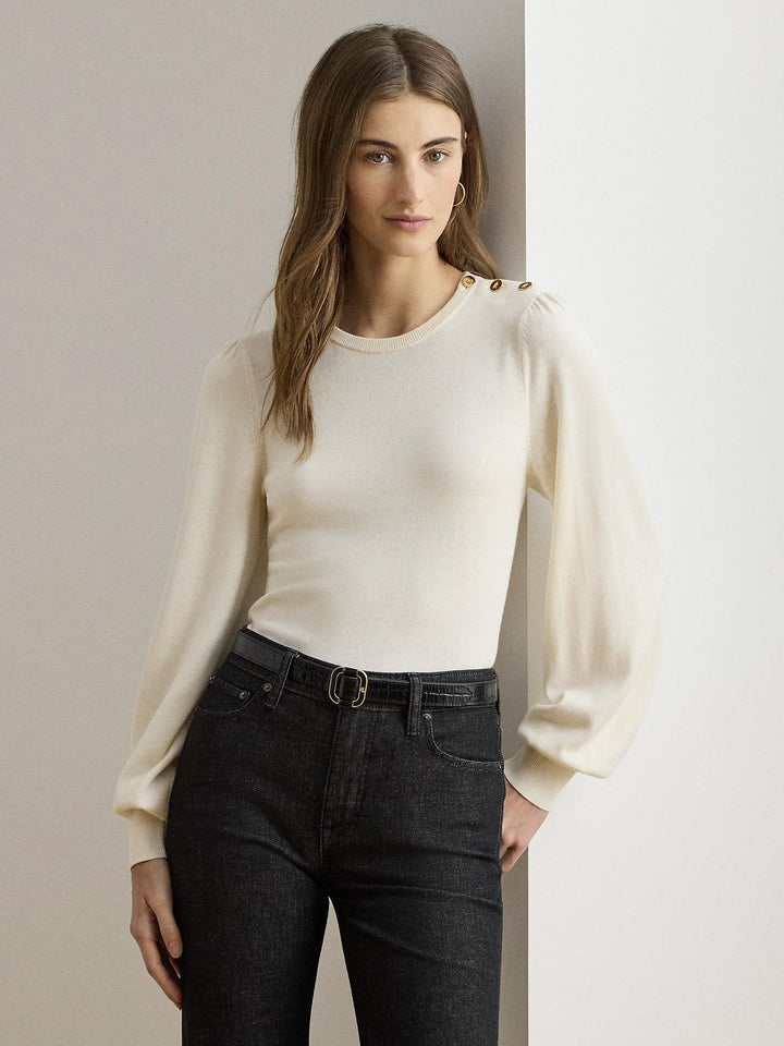 Button Trim Puff Sleeve Sweater