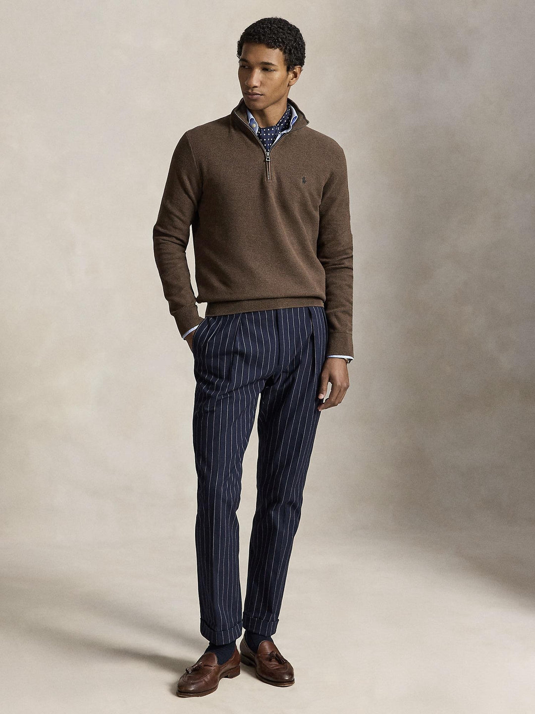 MESH KNIT COTTON QUARTER ZIP SWEATER
