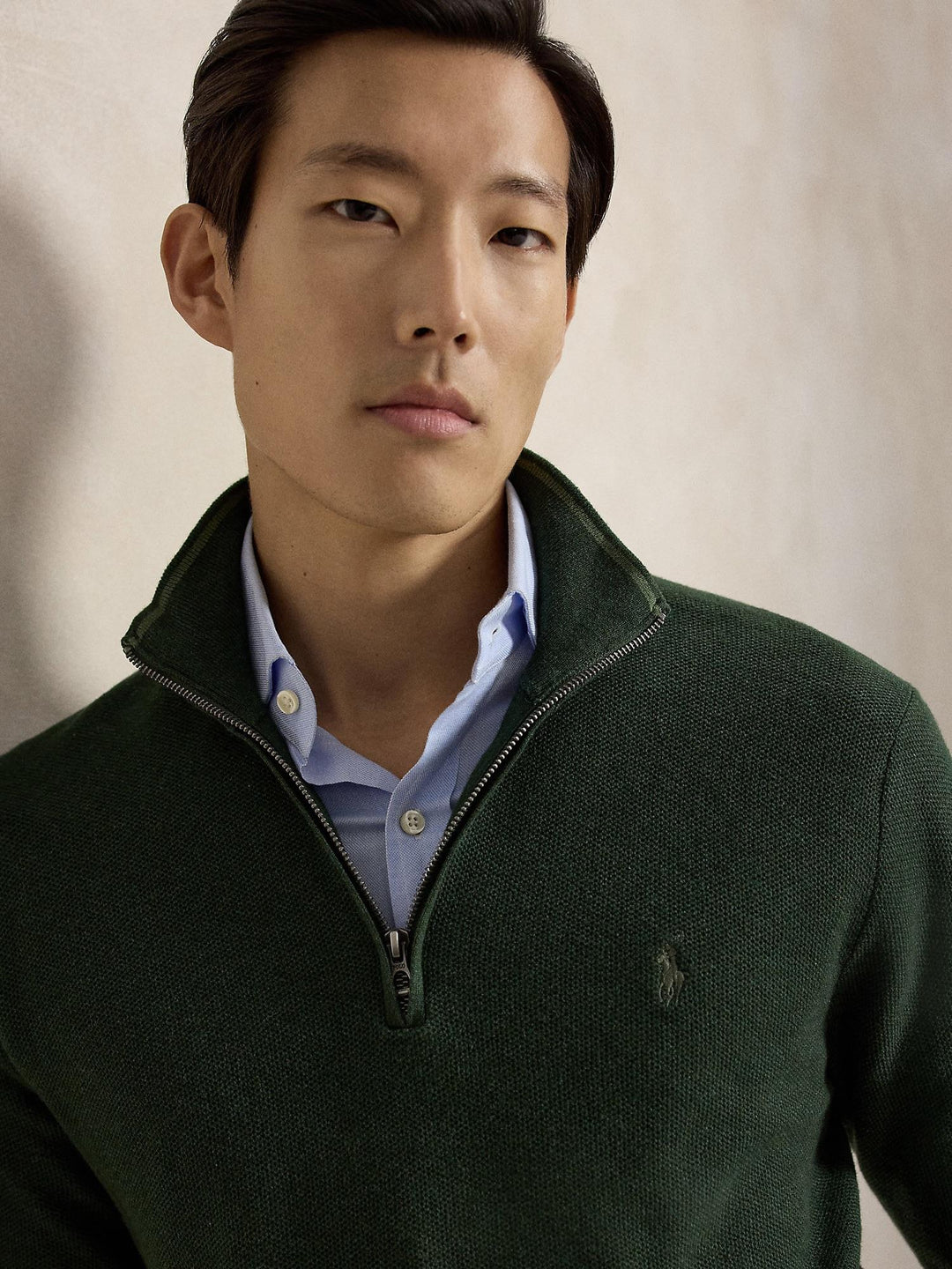 Mesh-Knit Cotton Quarter Zip Sweater