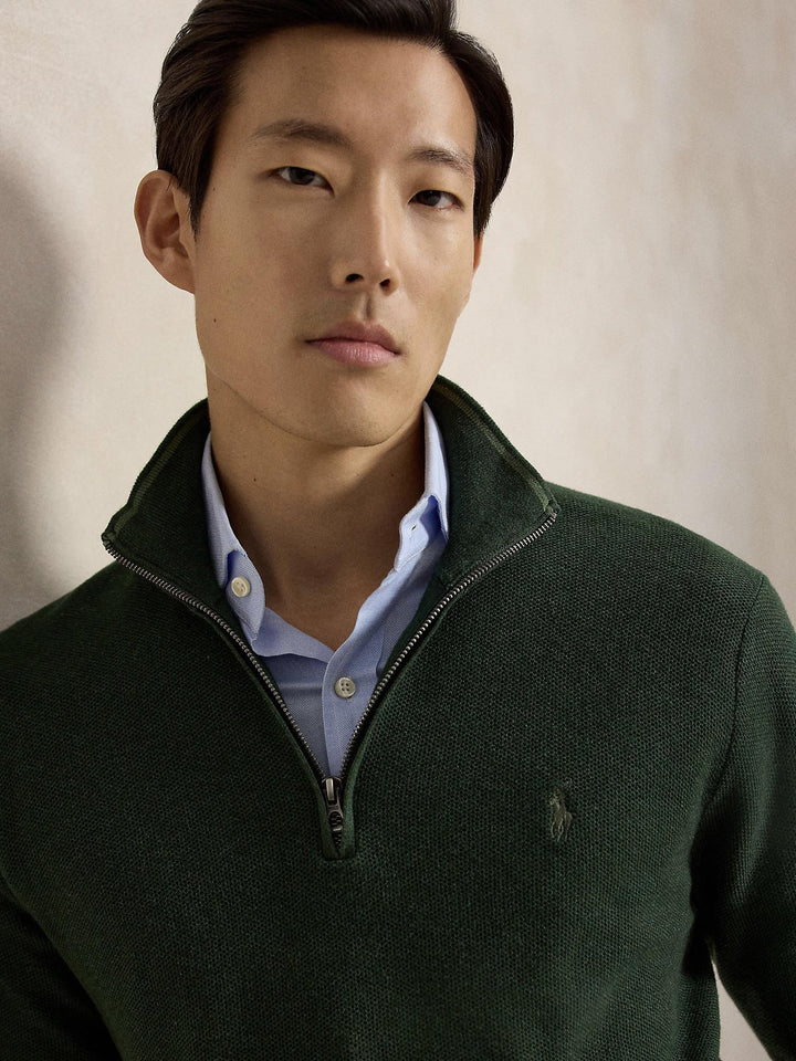 Mesh-Knit Cotton Quarter Zip Sweater