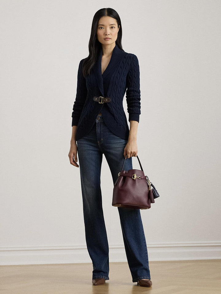 BUCKLE-TRIM CABLE SHAWL-COLLAR CARDIGAN