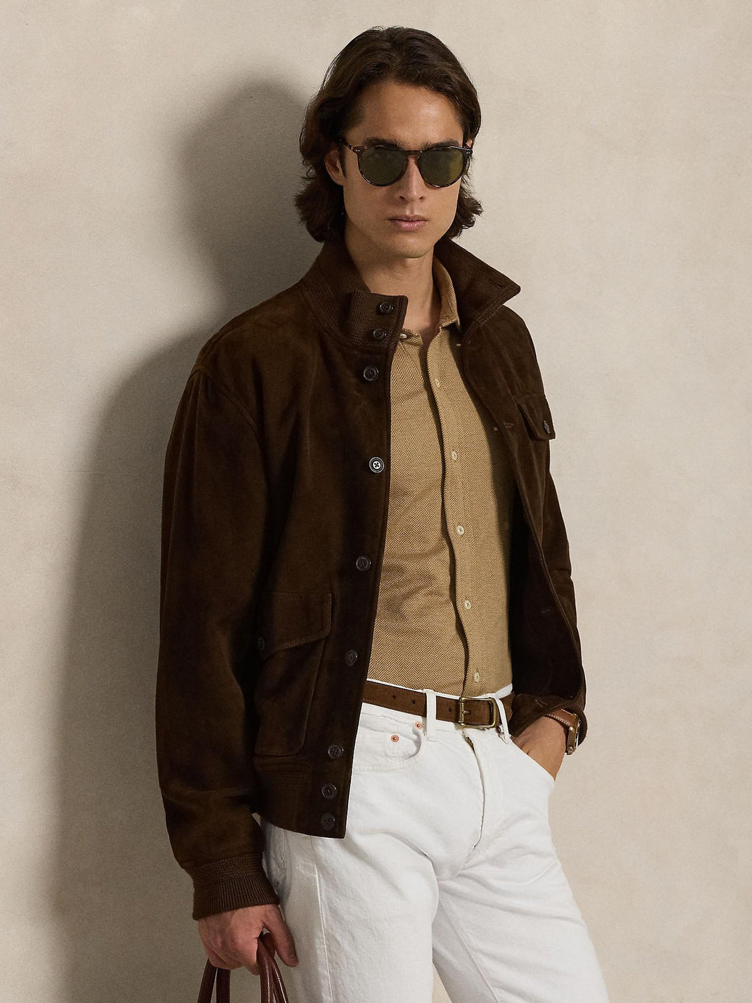 Herringbone jersey spread-collar shirt