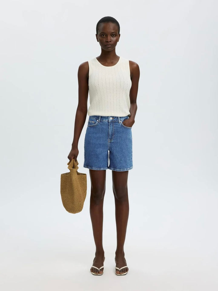 Slfkrista Hw Mid Blue Denim Shorts