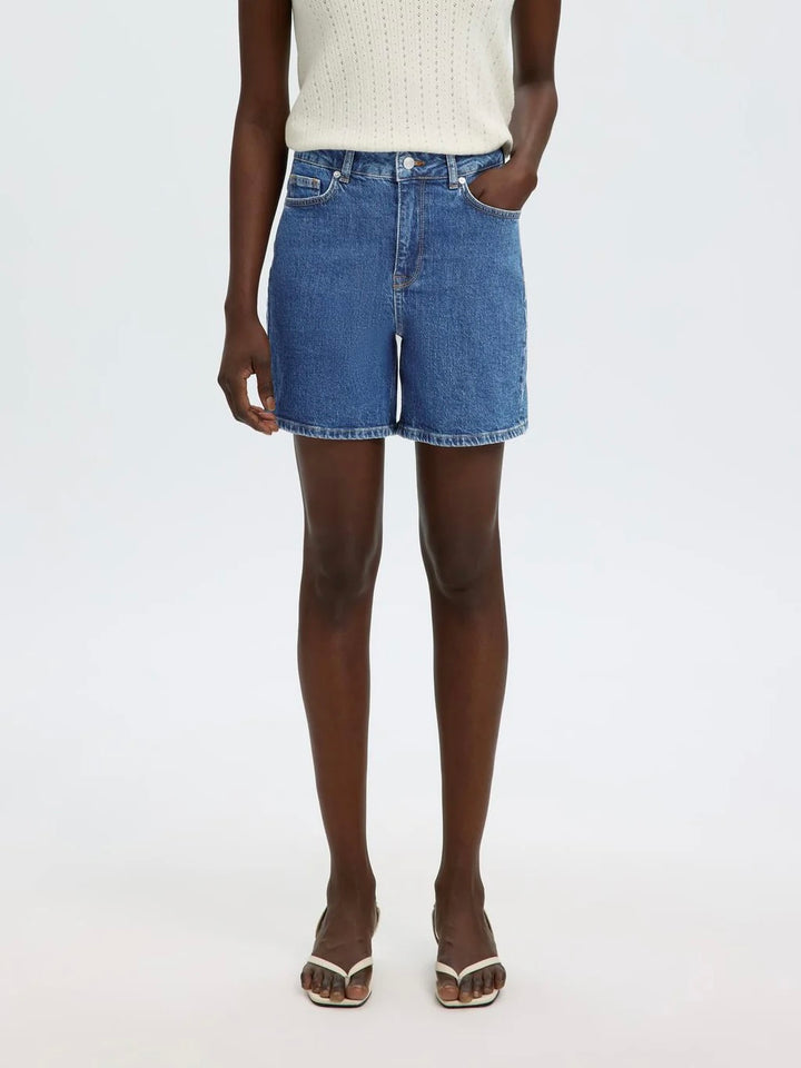 Slfkrista Hw Mid Blue Denim Shorts