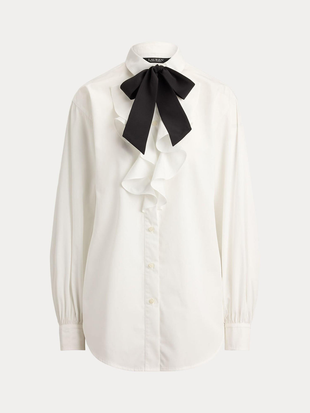 Ruffle Trim Broadcloth Tie Neck Shirt
