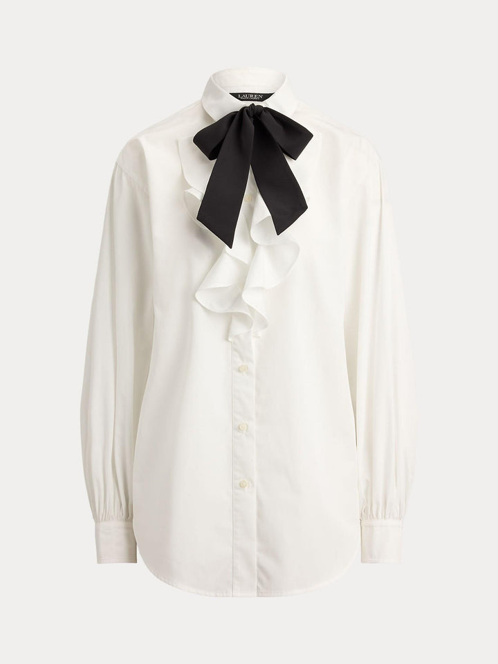 Ruffle Trim Broadcloth Tie Neck Shirt