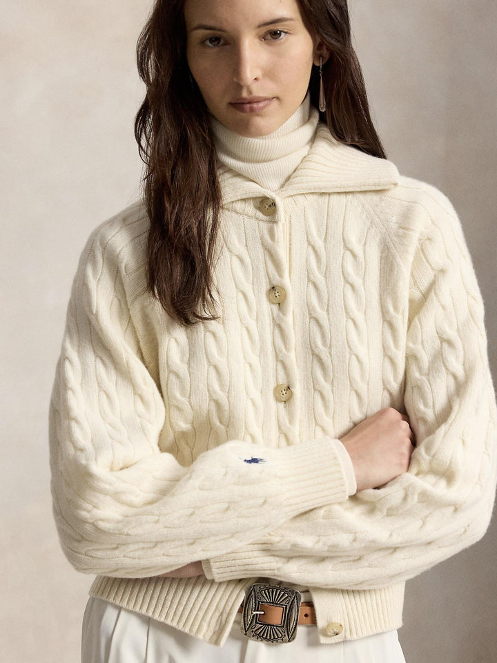 Cable Wool Cashmere Collared Cardigan